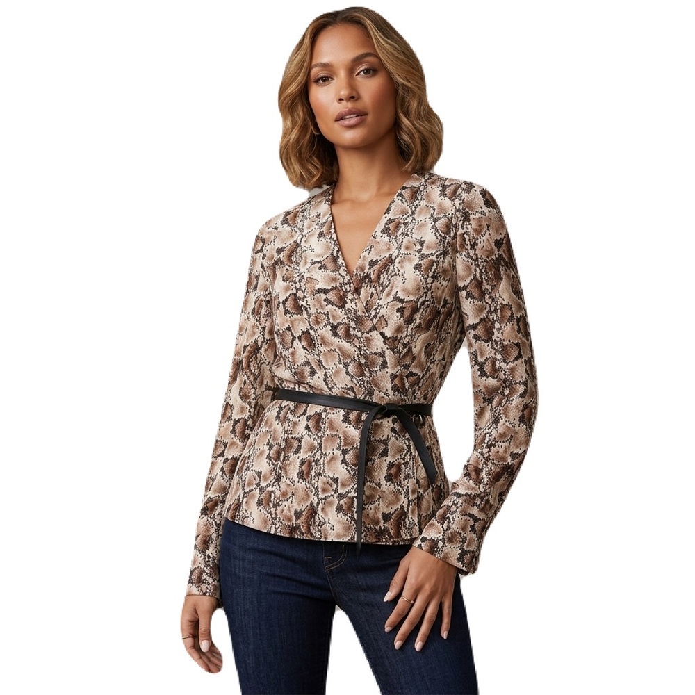 NWT Altuzarra 100% Silk Tan Snakeskin Print Wrap Belted Blouse, Size 40